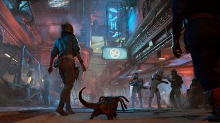 Still from the video game Star Wars Outlaws. Here we see the main character Kay and her little companion Nix walking down a cyberpunk-y, seedy undercity market. On either side there are stalls selling an assortment of items. Just ahead of here there are 2 stormtroopers hassling a humanoid alien and their little droid. Kay has shoulder length, shaggy brown hair, she is wearing a blue cropped jacket, white shirt, brown trousers and brown belt. Nix is a small creature the size of a cat, with 2 eyes, 4 head tails, one medium-sized tail and sleek fur.