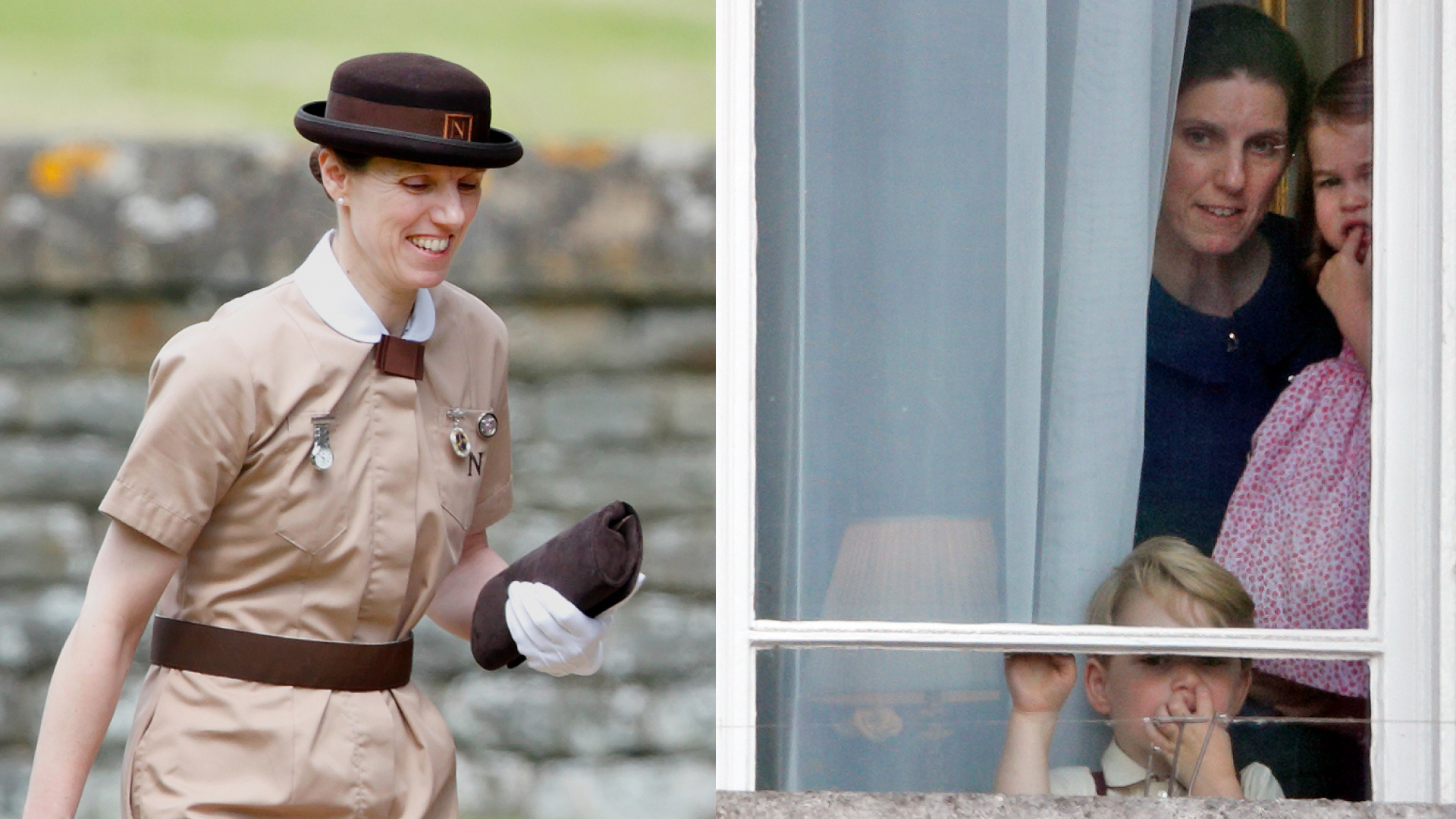 Nanny Maria wearing her Norland uniform; Nanny Maria holding Princess Charlotte as Prince George looks out a window