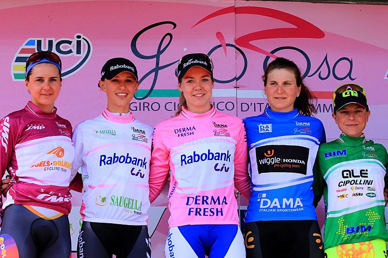 Anna van der Breggen (Rabo Liv) stands among the jersey wearers in pink after stage 8
