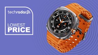 The Samsung Galaxy Watch Ultra with an orange band on a purple background