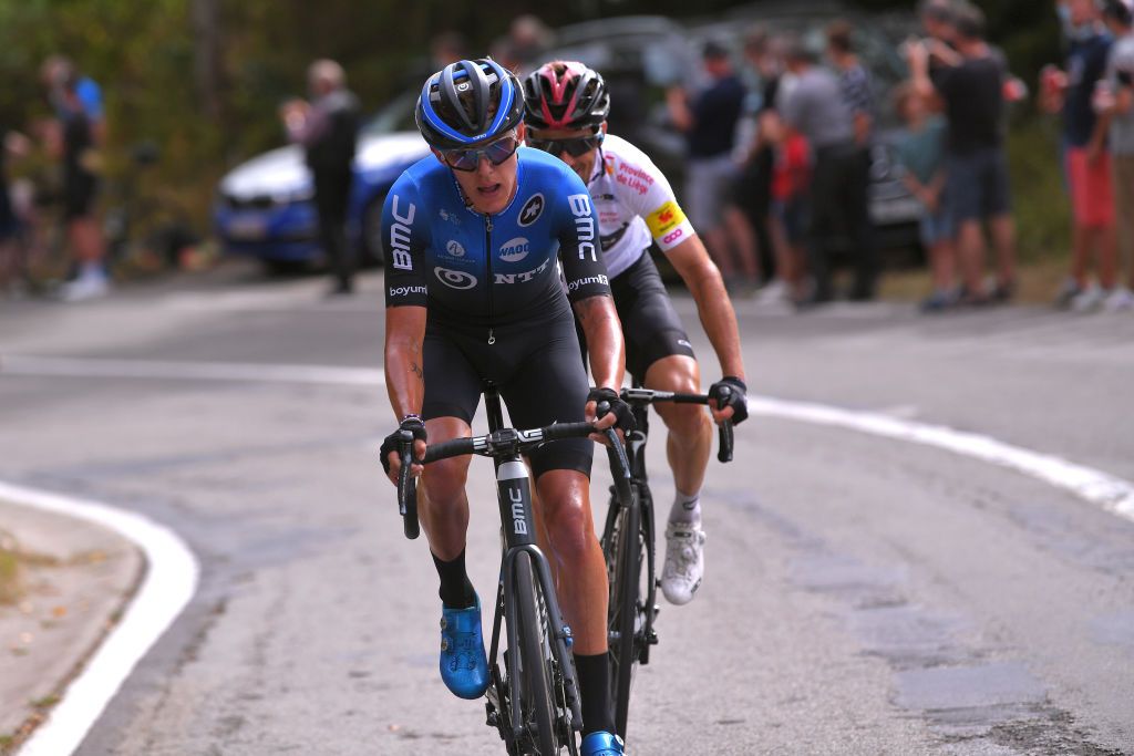 EREZEE BELGIUM AUGUST 19 Dylan Sunderland of Australia and NTT Pro Cycling Team Michal Golas of Poland and Team INEOS White Mountain Jersey Breakaway during the 41st Tour de Wallonie 2020 Stage 4 a 1994km stage from Blegny to Ereze 334m TourdeWallonie TRW2020 on August 19 2020 in Erezee Belgium Photo by Luc ClaessenGetty Images