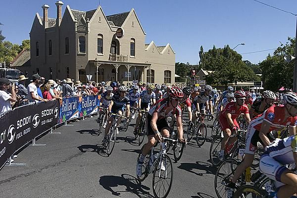 The peloton begin their 163.2km journey in the men's road race in Buninyong near Ballarat in Victoria.