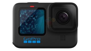 A leaked image of the GoPro Hero 11 Black action camera on a white background