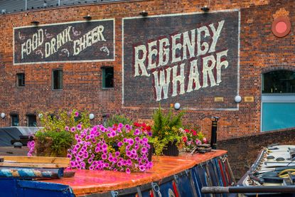Boats moored in Gas Street Basin in central Birmingham