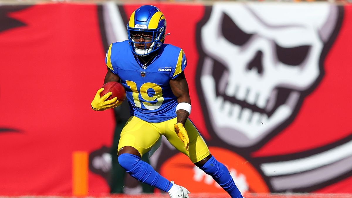 Brandon Powell #19 of the Los Angeles Rams returns a punt against the Tampa Bay Buccaneers during the first half in the NFC Divisional Playoff game at Raymond James Stadium on January 23, 2022 in Tampa, Florida.