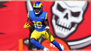 Brandon Powell #19 of the Los Angeles Rams returns a punt against the Tampa Bay Buccaneers during the first half in the NFC Divisional Playoff game at Raymond James Stadium on January 23, 2022 in Tampa, Florida.