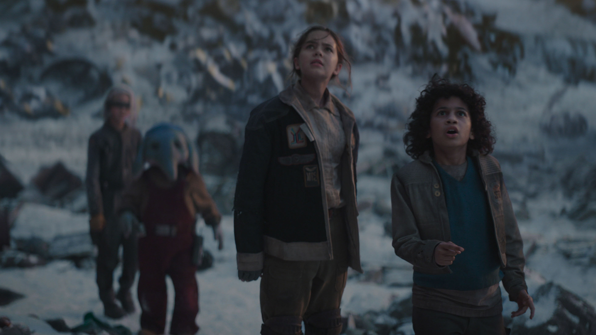 KB, Neel, Fern, and Wim standing in an icy location in Star Wars: Skeleton Crew