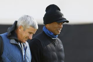 Jay Monahan and Tiger Woods chat at The Genesis Invitational