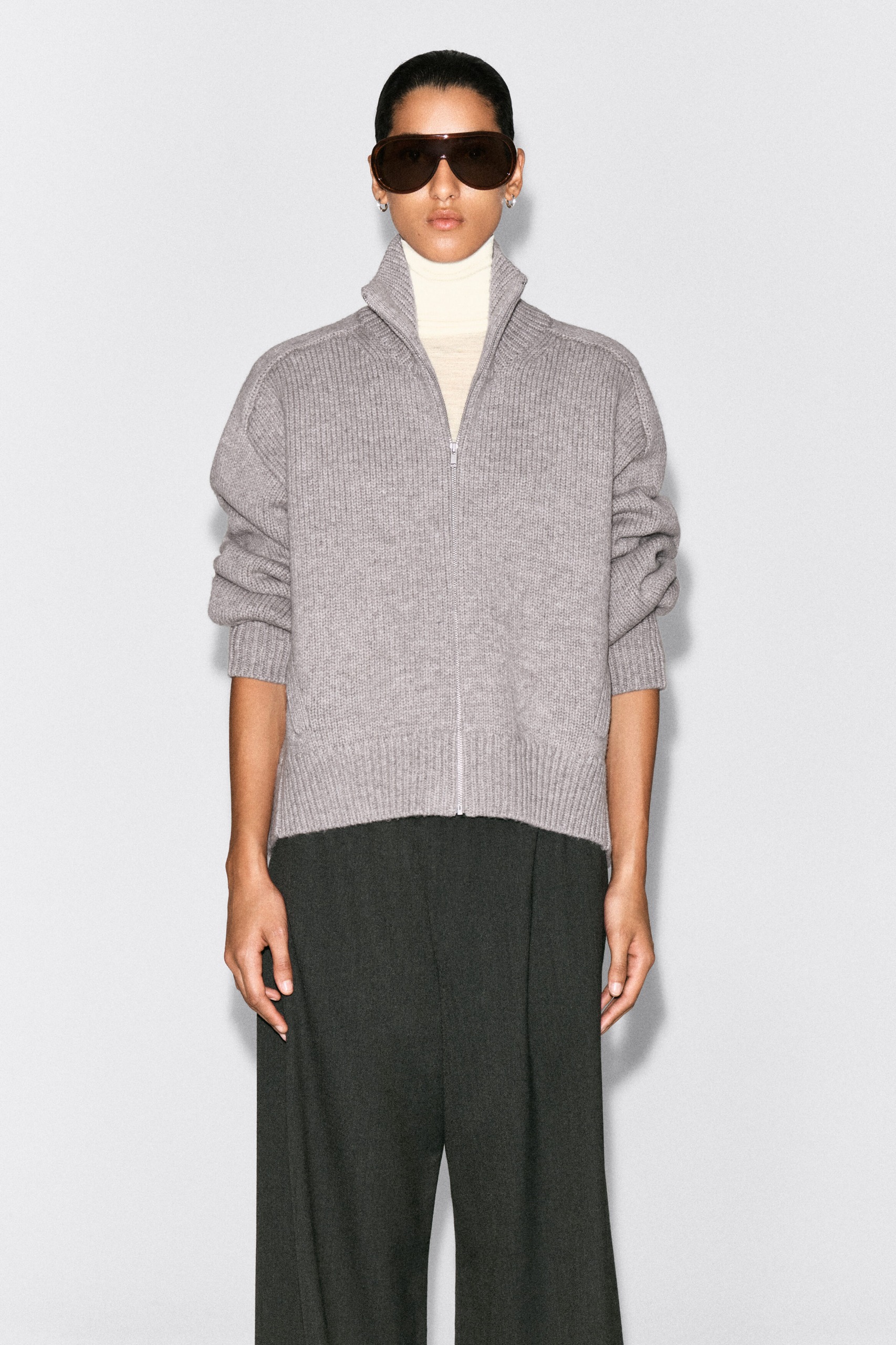 Rounded Wool Mock-Neck Zip-Up Jacket