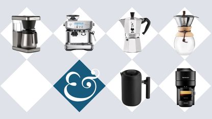 A light blue background, with seven white diamonds on it, in six of them is a coffee maker. One diamond is dark blue with an & inside.
