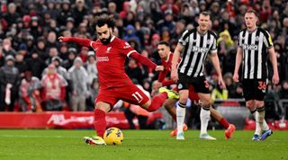 LIVERPOOL, ENGLAND - JANUARY 01: Mohamed Salah of Liverpool missing a penalty during the Premier League match between Liverpool FC and Newcastle United at Anfield on January 01, 2024 in Liverpool, England. (Photo by Andrew Powell/Liverpool FC via Getty Images)