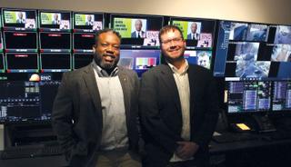 The author (L) and Nathan Russell, chief engineer at Black News Channel, use FUEL to help boost the  network’s OTT presence.