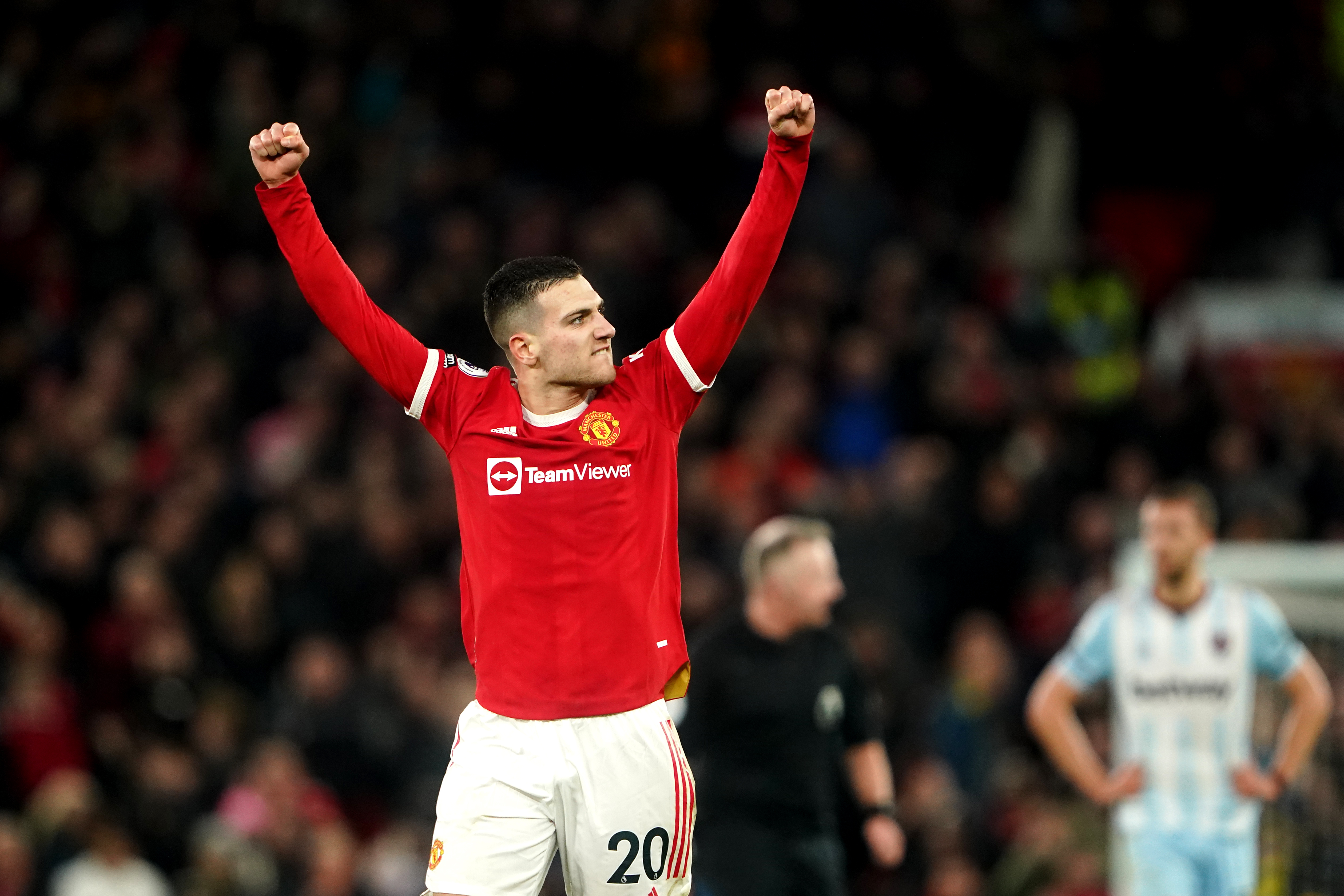 Manchester United’s Diogo Dalot celebrates during the Premier League match at Old Trafford, Manchester. Picture date: Saturday January 22, 2022