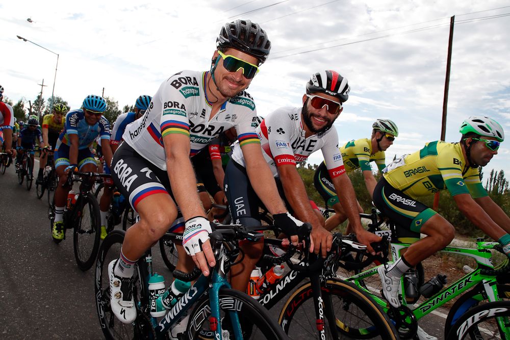 Peter Sagan and Fernando Gaviria hang out in the bunch during stage 5 in San Juan