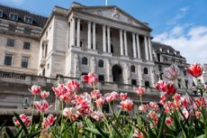 Bank of England in spring with tulips in foreground