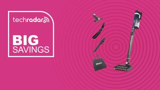 The Shark Stratos Cordless Vacuum on a pink background with text saying Big Savings.