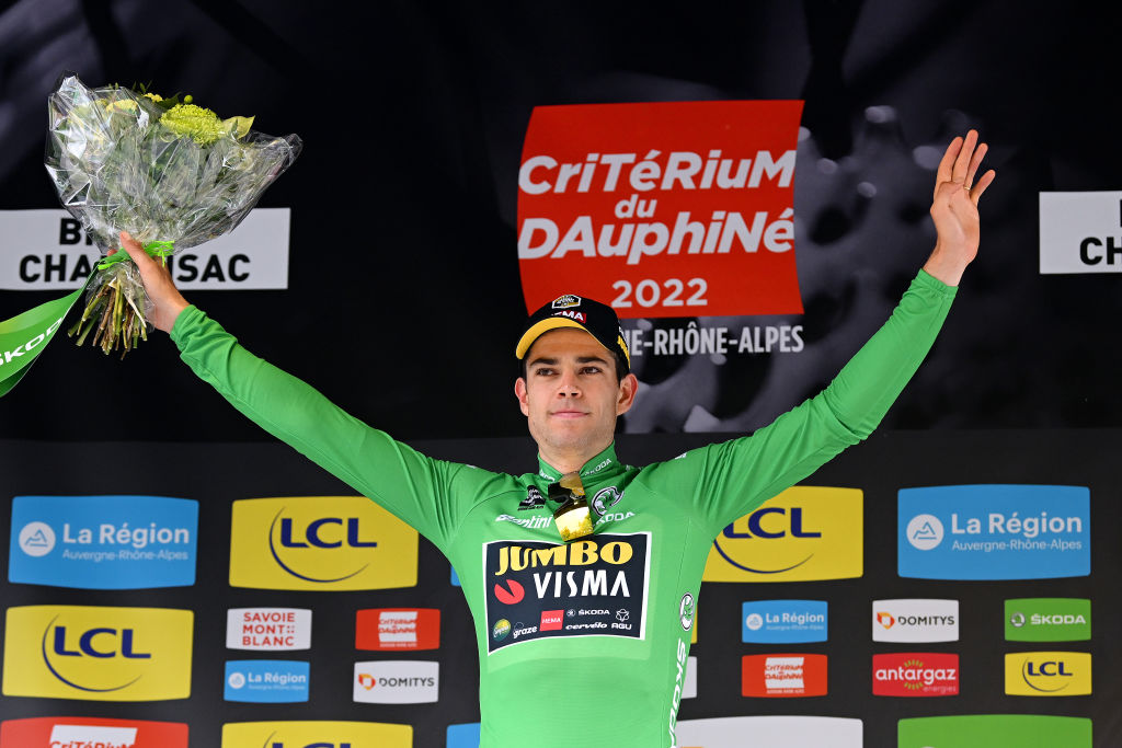 BRIVESCHARENSAC FRANCE JUNE 06 Wout Van Aert of Belgium and Team Jumbo Visma celebrates winning the Green Points Jersey on the podium ceremony after the 74th Criterium du Dauphine 2022 Stage 2 a 1698km stage from SaintPray to BrivesCharensac WorldTour Dauphin on June 06 2022 in BrivesCharensac France Photo by Dario BelingheriGetty Images