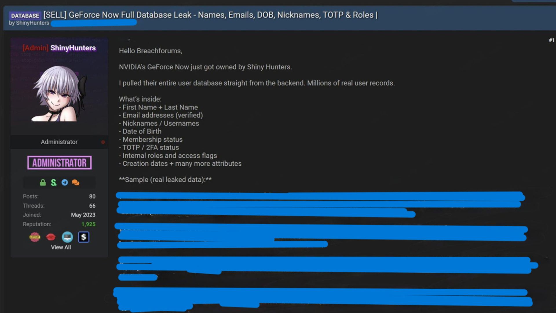 The CyberSec Guru's screenshot of ShinyHunters, attempting to sell GeForce Now user data from its breach