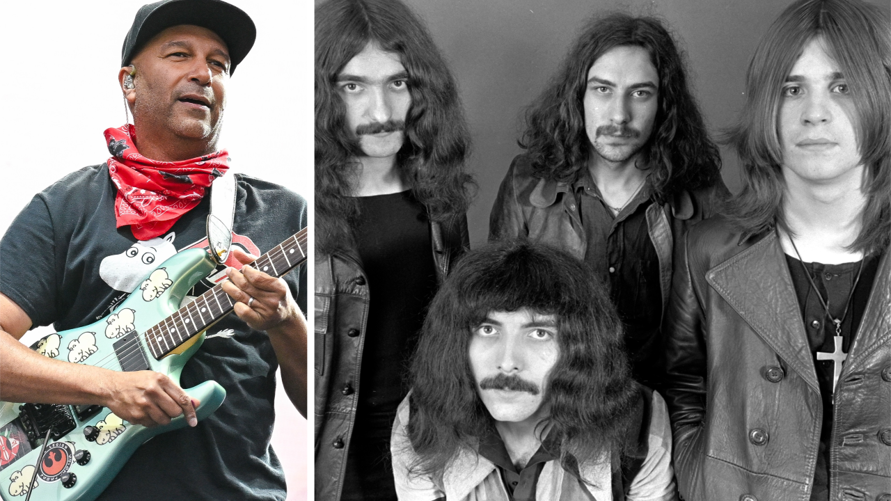 Tom Morello onstage in 2025, next to a photo of Black Sabbath in 1970