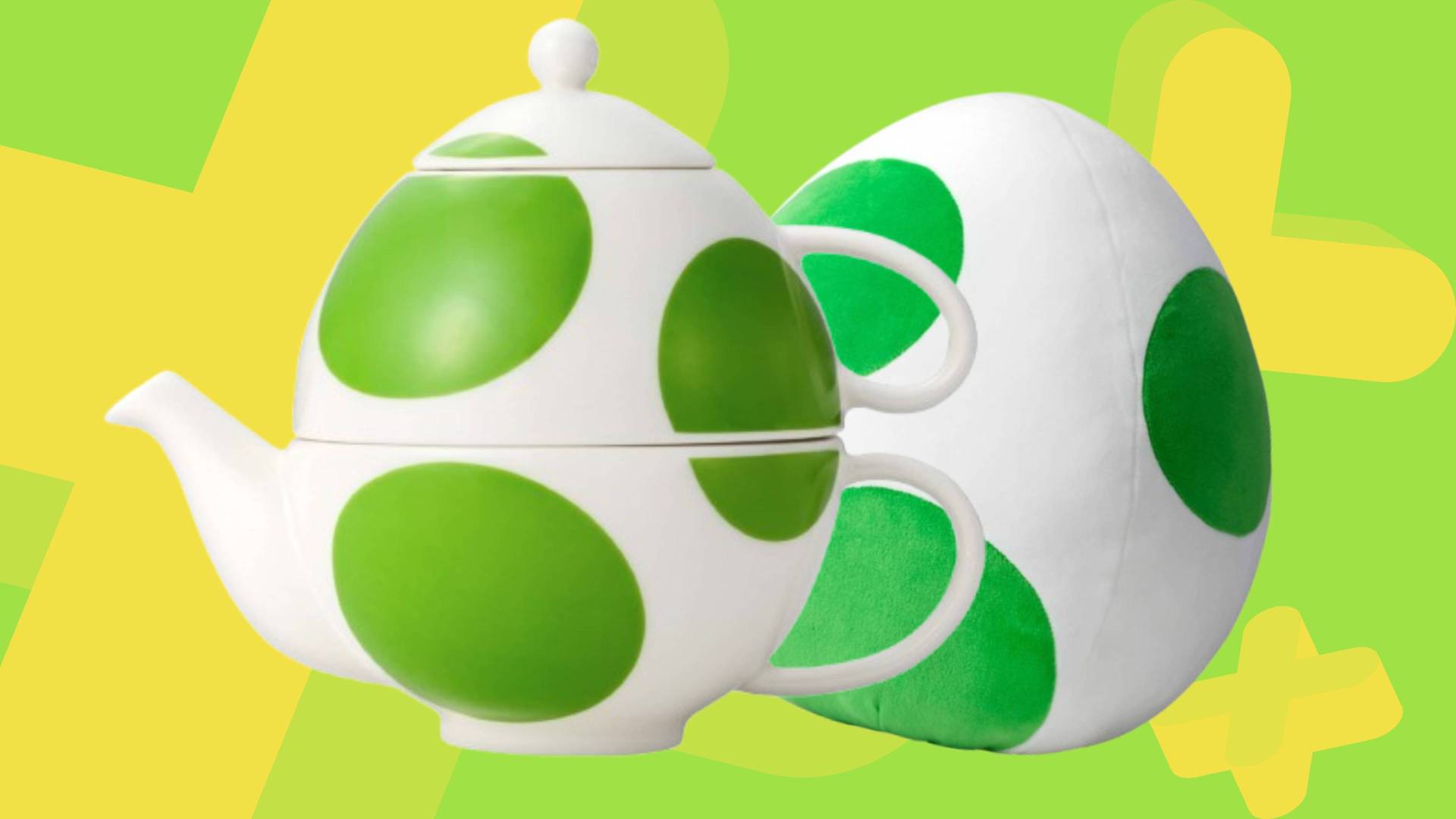 Image of an official Yoshi teapot and plush on a light green GamesRadar+ background.