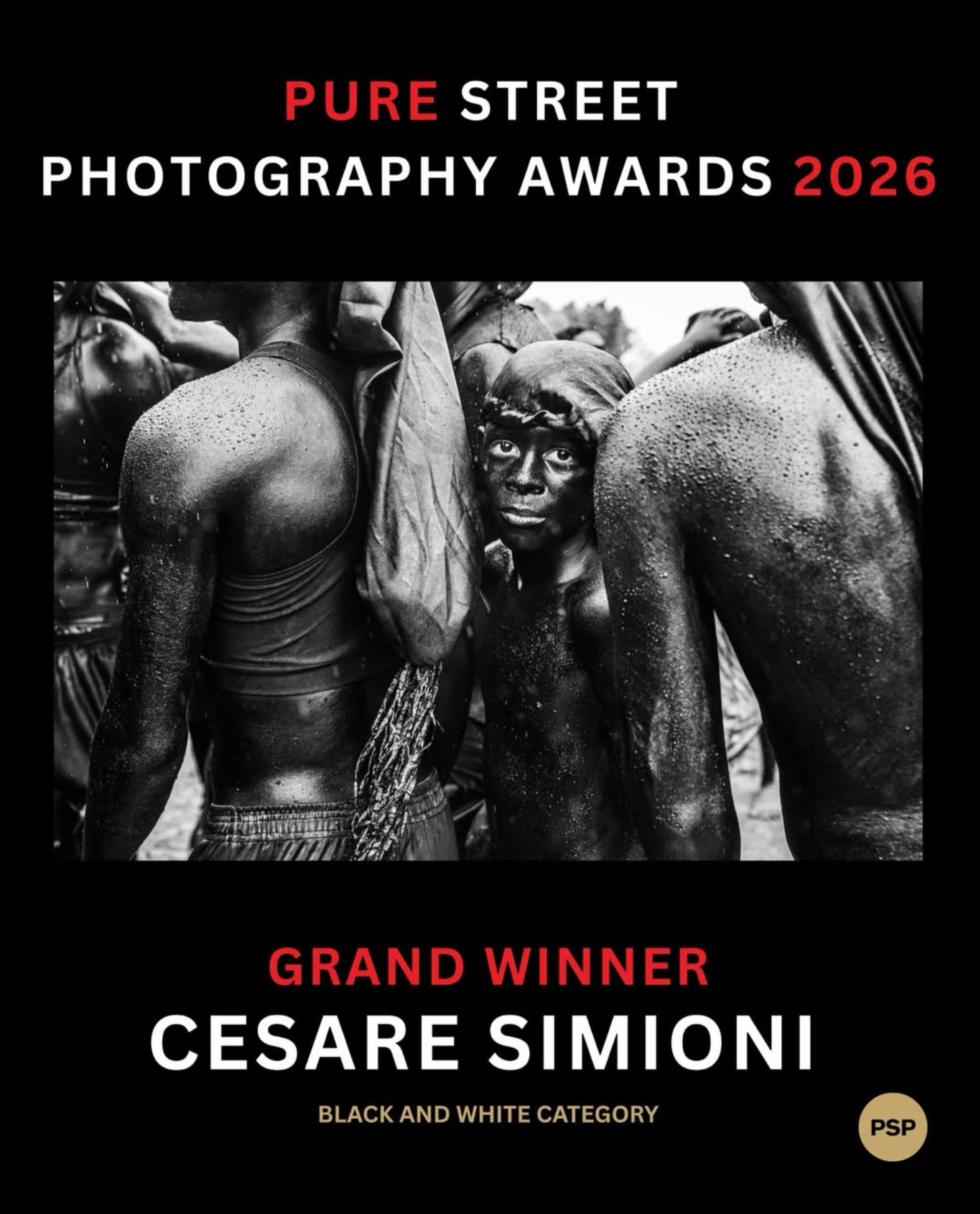 Black and white image of people with water droplets on their skin, awarded Grand Winner of Pure Street Photography Awards 2026 by Cesare Simioni