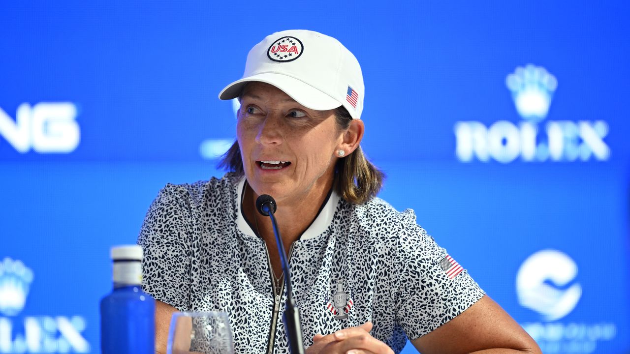 Team USA assistant captain Angela Stanford speaks to the media at the 2023 Solheim Cup