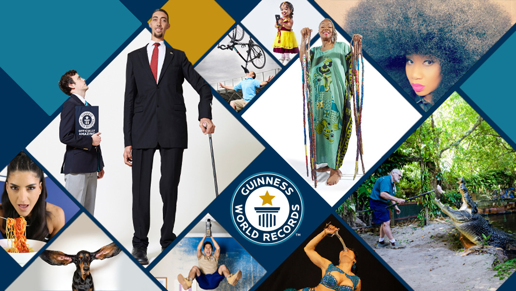 A photo collage of different people who hold Guinness World Records, including a very tall man, a woman with extremely long hair, and a man holding a leash on an alligator.