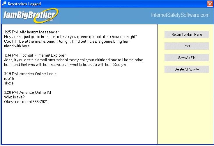 IamBigBrother Image:
The parental software captures all keystrokes that a child makes. The reporting feature sorts the data by the name of the application used and time. Parents have the option of printing the information or saving it to a file.