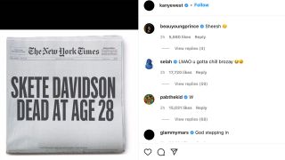 Fake NYT newspaper with headline photoshopped to say Skete Davidson Dead At Age 28.