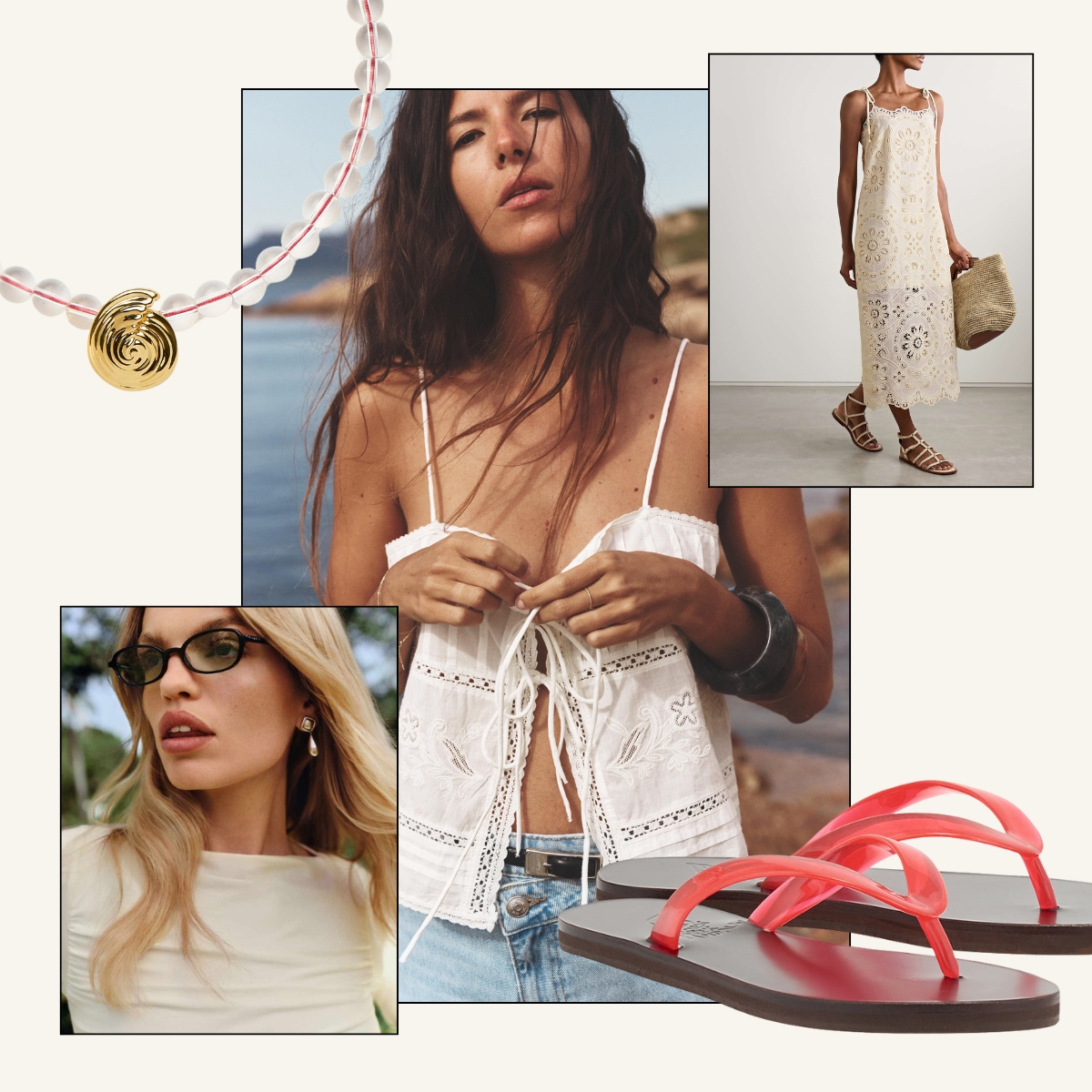 Looks and products from Reformation x Jimmy Fairly; Zara; Zimmerman; Net-a-Porter; Missoma; Ancient Greek Sandals.