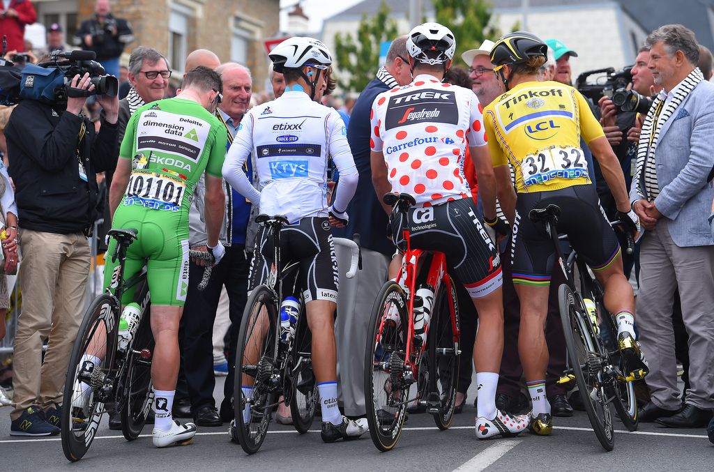 The classification leaders on the start line for stage 3 in Granville