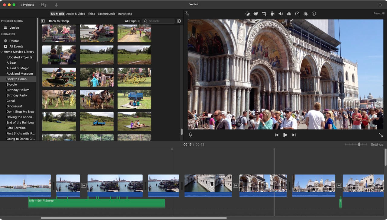 Apple iMovie timeline showing the addition of text effects to footage