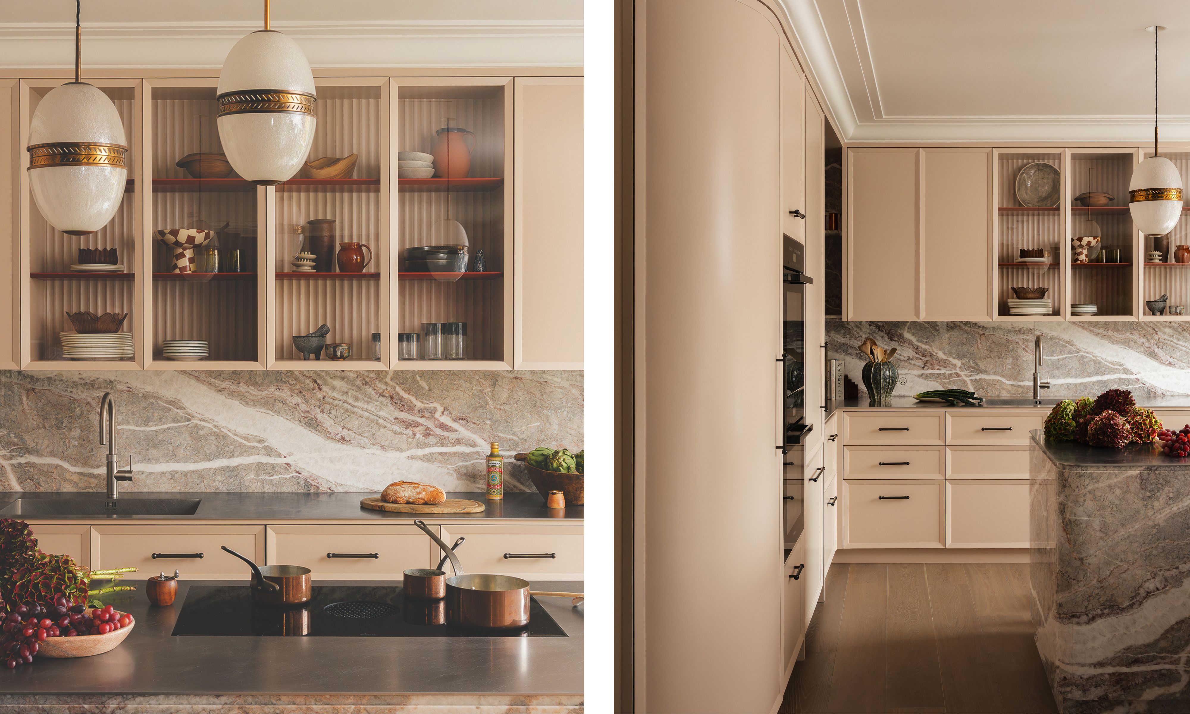 pale kitchen with curved cabinets and marble backsplash