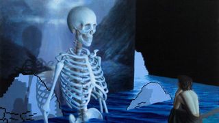 A skeleton standing in water talking to a woman sitting on a sofa