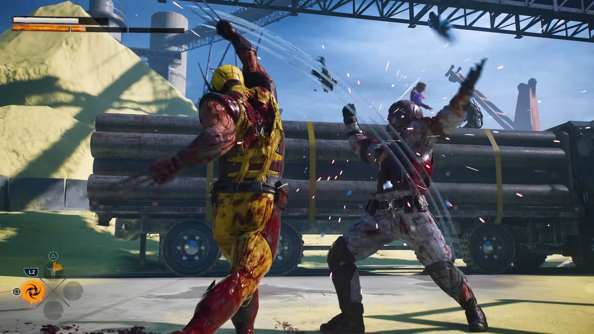 Wolverine swipes at a guard's gun in Marvel's Wolverine within a shipping yard
