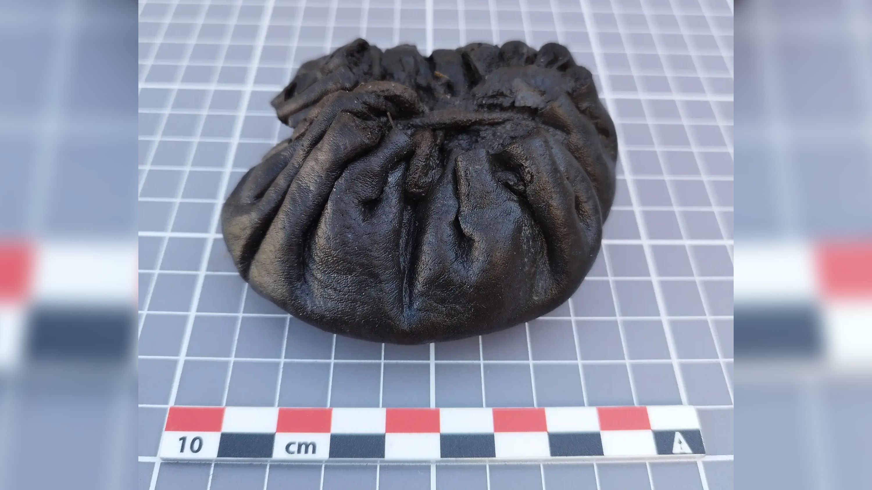A small brown leather purse that cinches closed
