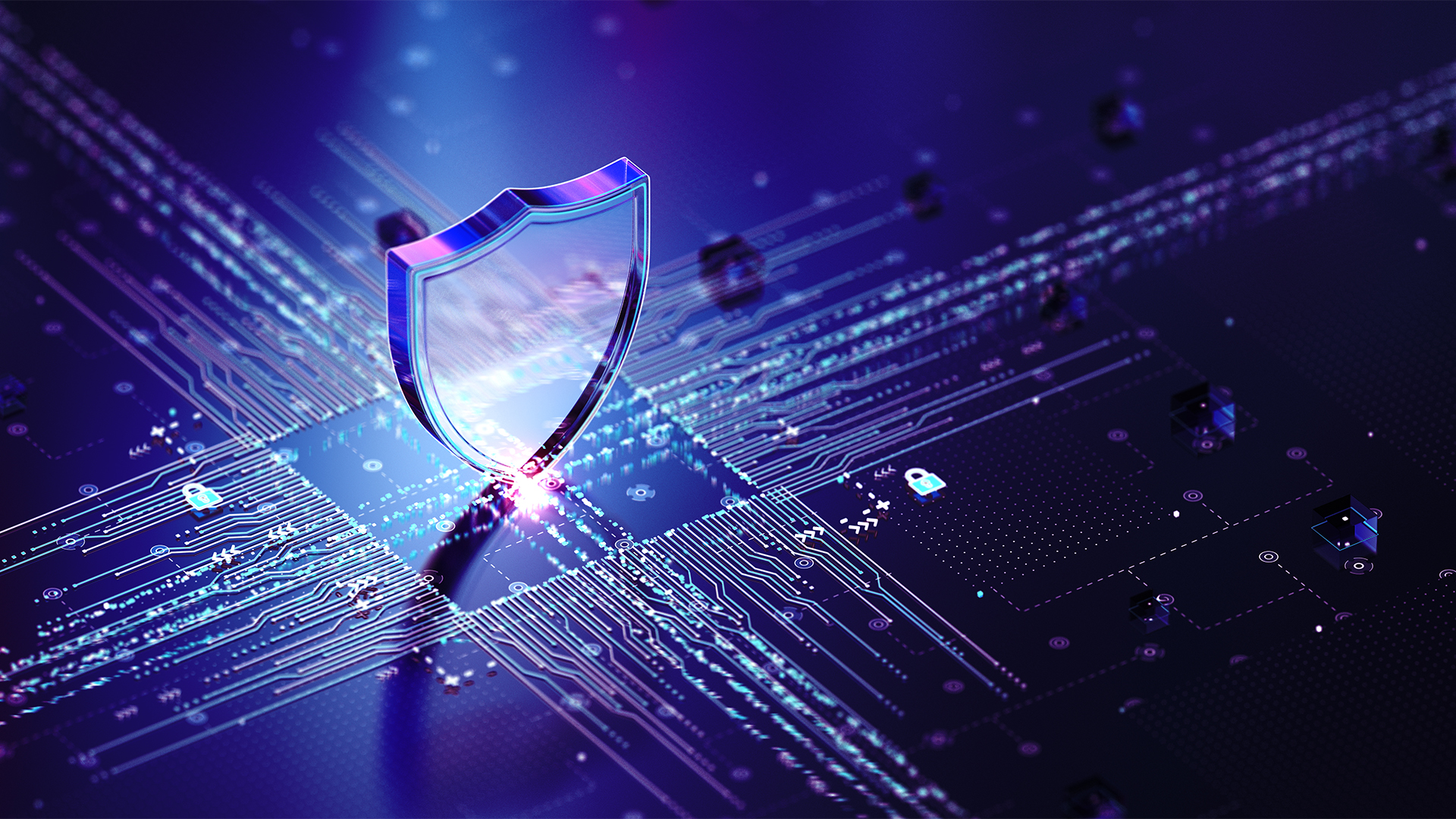 Secure access service edge (SASE) concept image showing a shield symbol hovering over networking infrastructure interface.