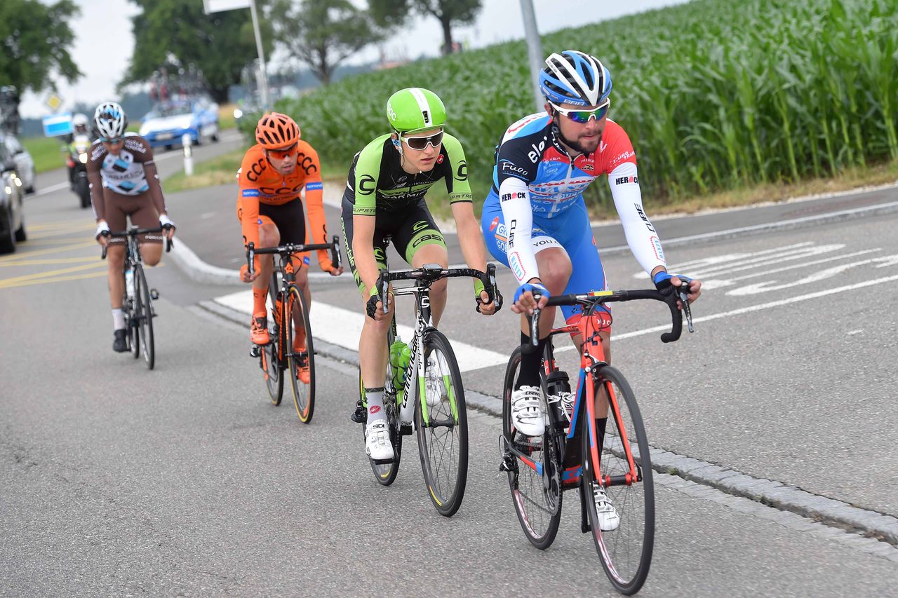 Axel Domont (AG2R La Mondiale), Marek Rutkiweicz (CCC Sprandi), Matej Mohoric (Cannondale-Garmin) and J&eacute;r&ocirc;me Baugnies (Wanty-Groupe Gobert)