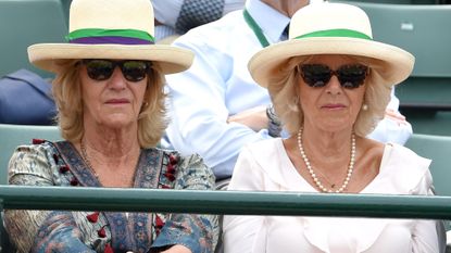 Annabel Elliot and Camilla, Duchess of Cornwall attend the Robin Hasse v Andy Murray match on day four of the Wimbledon Tennis Championships at Wimbledon on July 2, 2015 in London, England.