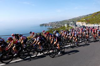 LAUSANNE SWITZERLAND OCTOBER 07 Anna Shackley of United Kingdom and Team SD Worx Elise Chabbey of Switzerland and Team CanyonSram Racing Marie Le Net of France and Team FDJ Suez Futuroscope and a general view of the peloton passing close to the Geneva Lake during the 1st Tour de Romandie Feminin 2022 Stage 1 a 1344km stage from Lausanne to Lausanne TDRwomen TDRF on October 07 2022 in Lausanne Switzerland Photo by Bas CzerwinskiGetty Images