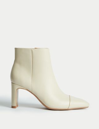 Leather Block Heel Pointed Ankle Boots