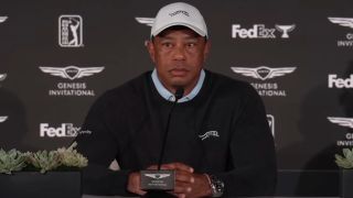 Tiger Woods addresses the press during a press conference for 2026 Genesis Invitational.