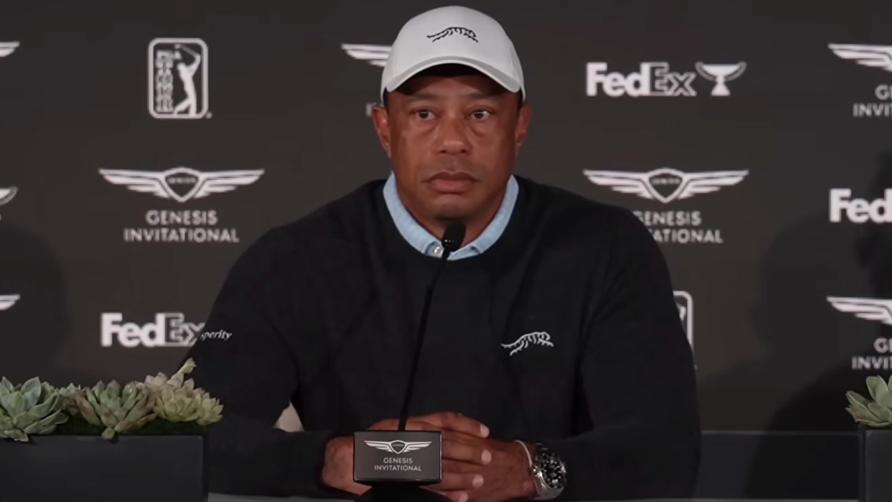 Tiger Woods addresses the press during a press conference for 2026 Genesis Invitational.