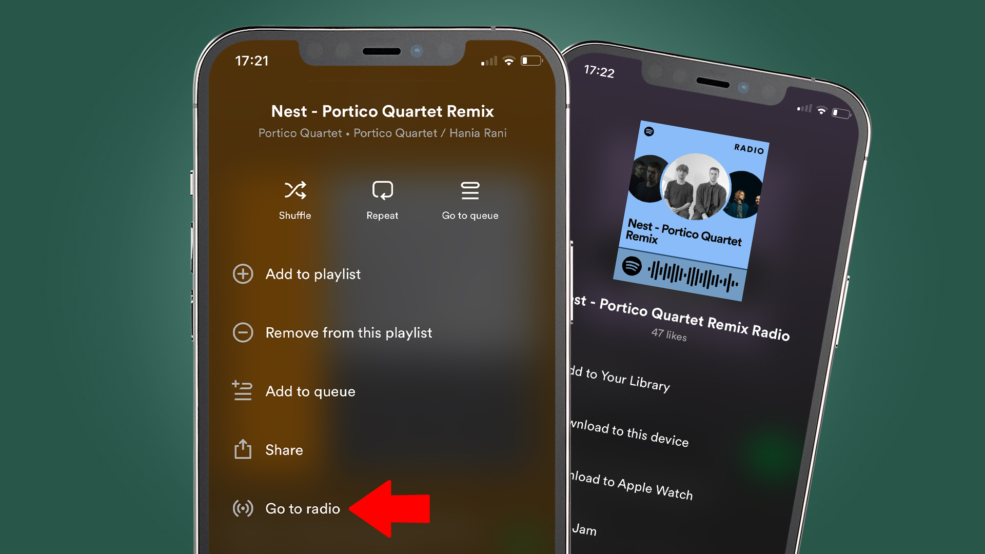 A phone screen on a green background showing the Spotify app