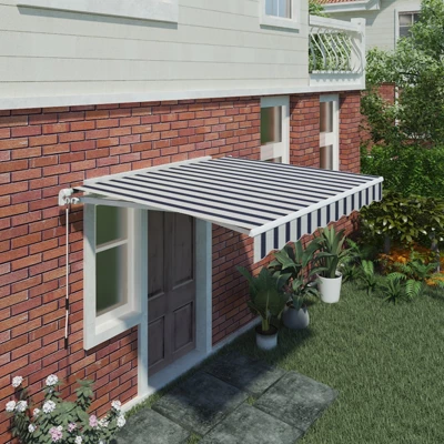 Sundaze 3 X 2.5m Manual Awning Retractable Garden Patio Canopy Sun Shade Shelter With Fittings and Crank Handle Blue-White