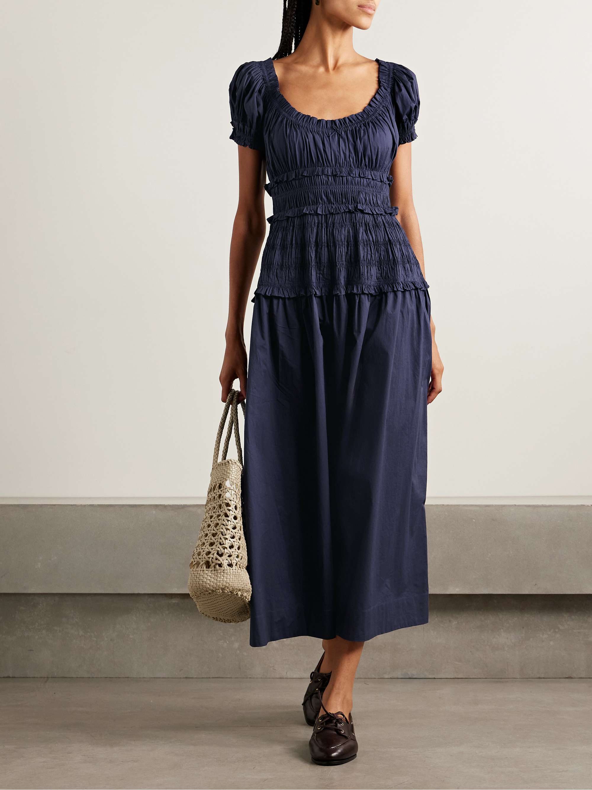 Leanne Shirred Gingham Organic Cotton-Voile Midi Dress