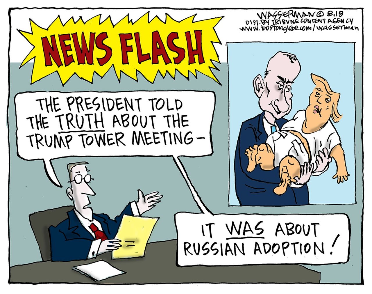 Political cartoon U.S. Trump Putin Russia investigation meeting adoption collusion