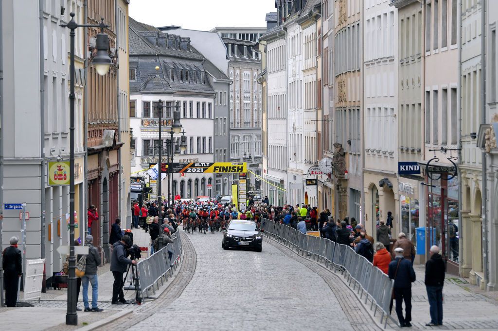 GERA GERMANY MAY 26 The peloton passing through Gera Village landscape at start during the 34th Internationale LOTTO Thringen Ladies Tour 2021 Stage 2 a 1251km stage from Gera to Gera Public Fans ltlt2021 lottothueringenladiestour womencycling on May 26 2021 in Gera Germany Photo by Luc ClaessenGetty Images