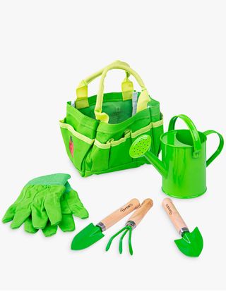 Kids garden set with tote bag, hand spade, trowel, rake, watering can and gloves