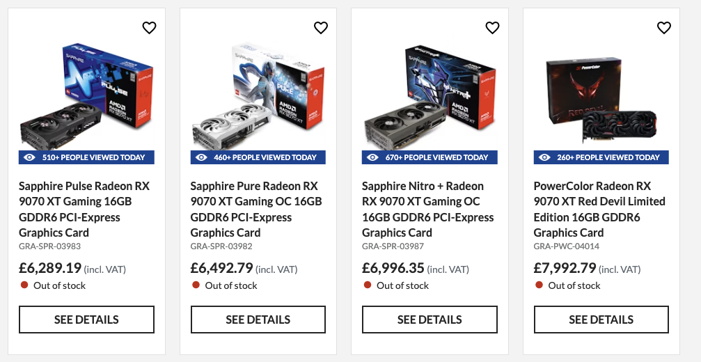 Sapphire and PowerColor 9070 XT cards listed on Overclockers UK